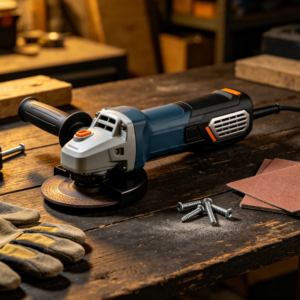 Handheld brushless angle grinder for industrial polishing and rust removal.